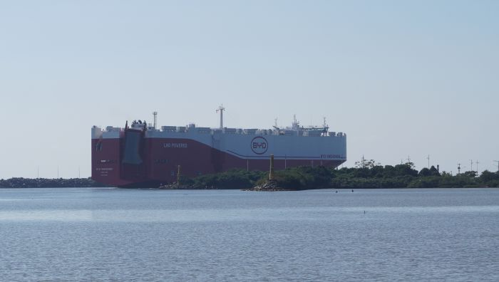 Cargueiro foi embora no final da manhã deste domingo (Foto: João Batista)