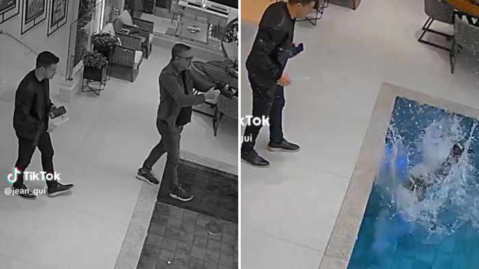 Câmera de segurança flagrou o momento em que o fotógrafo pisou direto na piscina (Foto: Redes sociais)