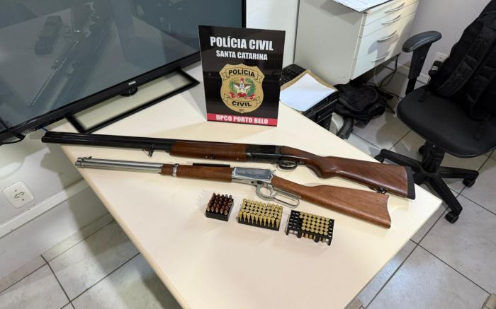 Espingarda e carabina foram recolhidas junto com munições (Foto: Divulgação/PCSC)