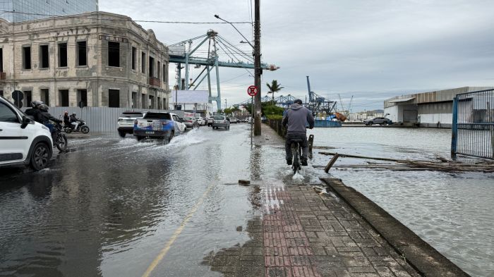 Água do rio Itajaí-açu invadiu os arredores do ferry boat (Foto: Bruna Amorim)