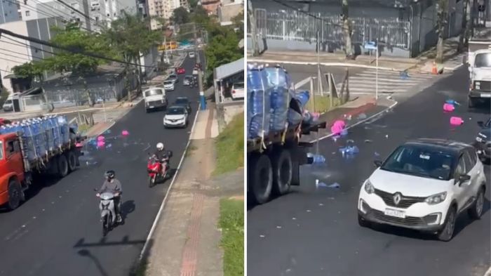 Bombonas rolaram rua abaixo e causaram fila no Ariribá (Foto: Leitor)