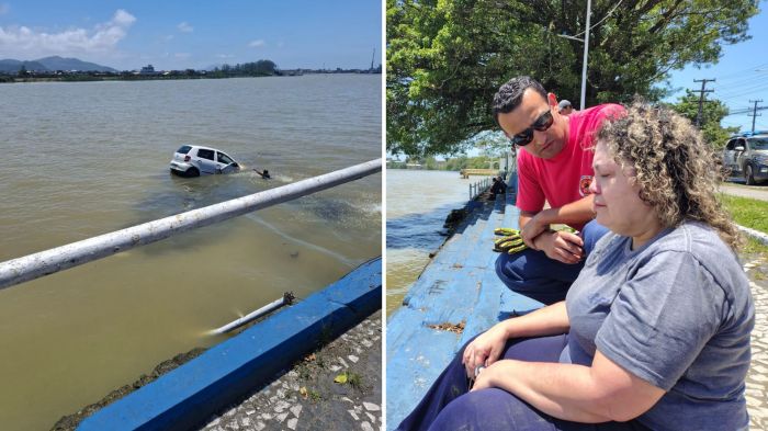 Carro afundou no Itajaí-açu e deve ser removido ainda neste sábado (Foto: Fran Marcon)