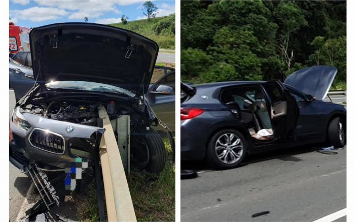 Após a colisão, pedaço do travessão do guard rail ficou sobre a pista (Fotos: Divulgação)
