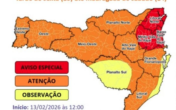 Áreas em vermelho indicam risco elevado para temporais em Santa Catarina (Foto: DCSC)