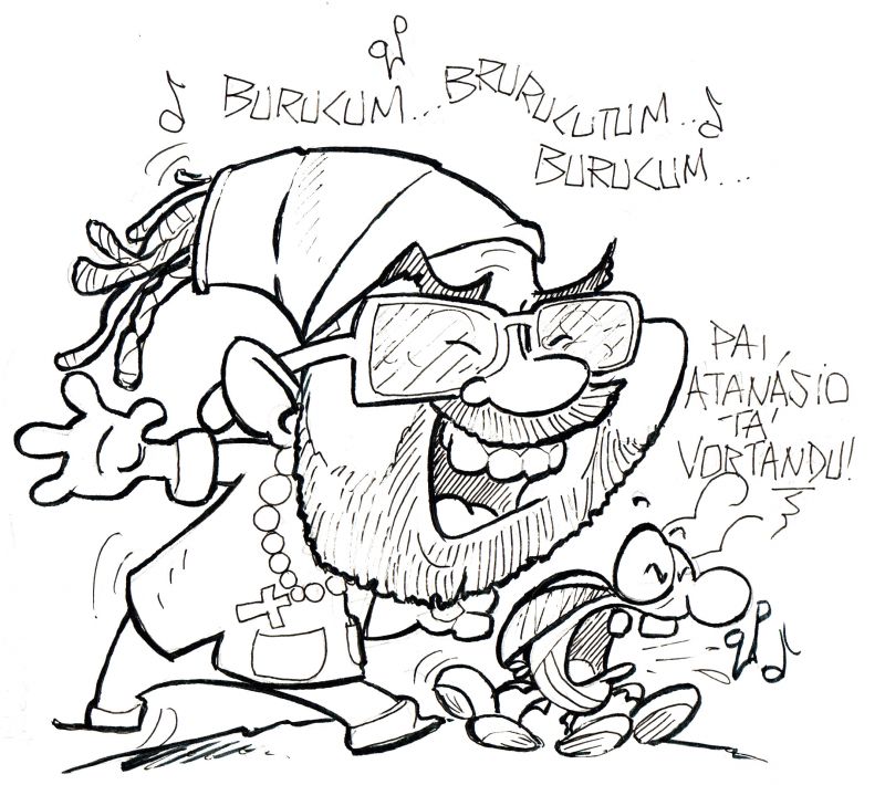 O intrépido e destemido Pai Atanásio esteve em Camboriú pra bispar sobre os meandros da terra da pedrada  (charge: Pirão d’água)