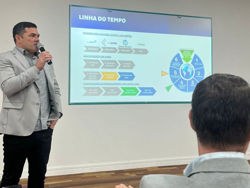Missão do Banco Mundial na city pexêra. O prefeito Robison Coelho (PL) discursa dizendo que o povão acredita no buraco de tatu, digo, no túnel Itajaí/Navegantes (foto: divulgação)